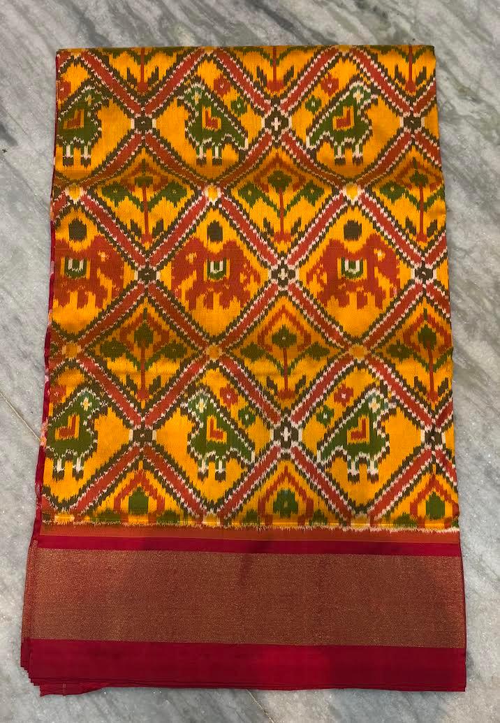 Authentic Pochampally Ikkat Silk Saree in Yellow and Maroon - pochampallysarees.com