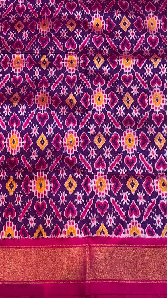 Royal Purple and Pink Ikkat Silk Patola Saree - pochampallysarees.com