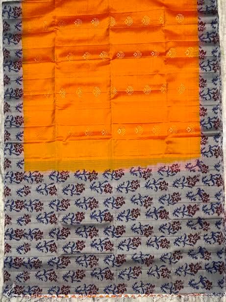 Bright Orange Silk Saree with Floral Printed Pallu & Matching Blouse