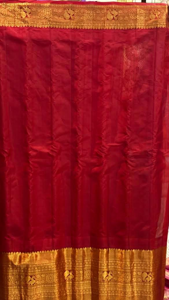 Authentic Pure Gadwal Silk Saree in Light Blue with Contrast Red Temple Border - pochampallysarees.com