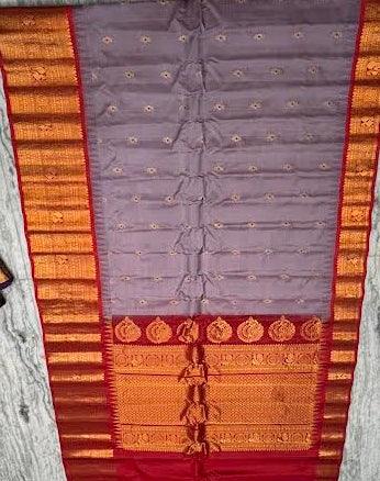 Gadwal Silk Saree - Slate Gray with Red Zari Pallu & Blouse - pochampallysarees.com