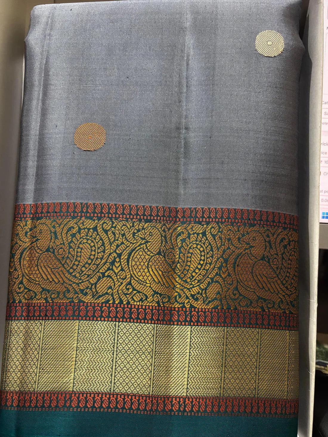 PURE SOFT SILK SAREE GRAY AND BLUE WITH ALLOVER ZARI WEAVES BUTTAS IN BORDER KANCHI STYLE - pochampallysarees.com