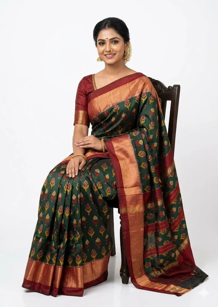 A beautiful woman sitting on a wooden chair, smiling and wearing a traditional bottle green Ikat silk saree with a contrasting maroon gold-zari border and matching blouse, styled with traditional Indian jewelry.