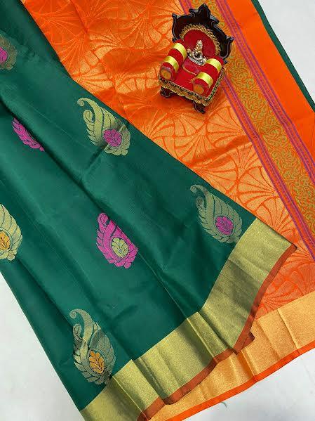 Green Orange Soft Silk Saree - pochampallysarees.com