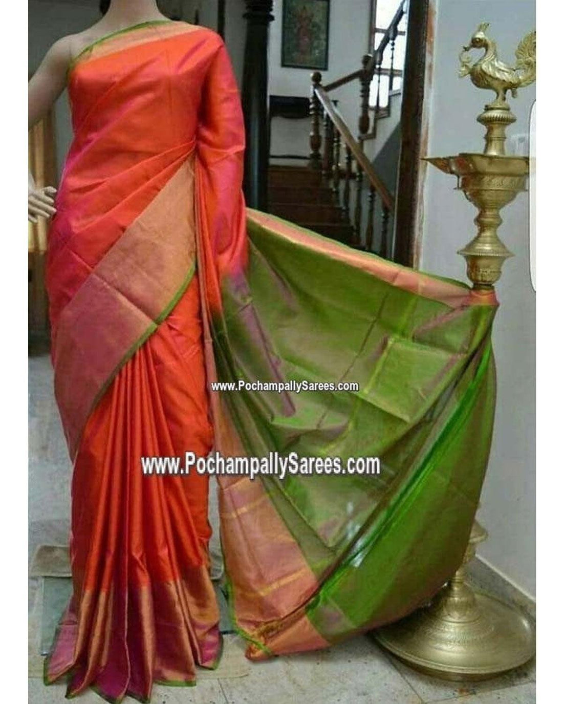 HANDLOOM UPPADA SILK ORANGE COLOR SAREE - pochampallysarees.com