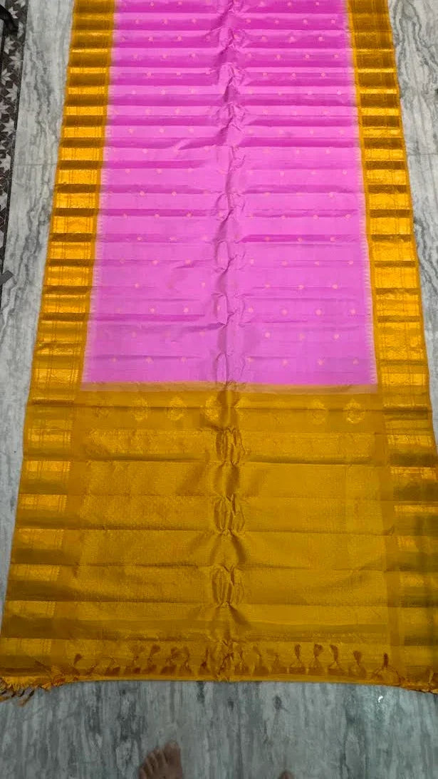 Handwoven Gadwal Silk Saree in Vibrant Pink with Rich Mustard Yellow Pallu - pochampallysarees.com