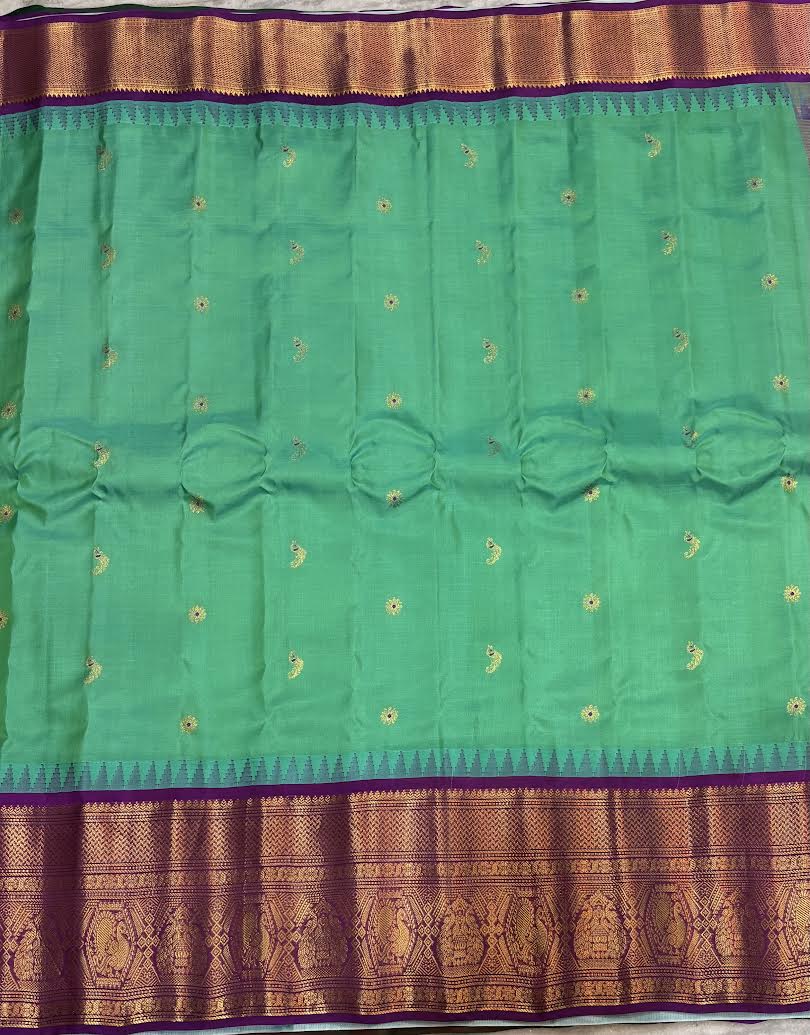 Pure Gadwal Silk Saree in Rama Green and Lavender with Pure Zari Border - pochampallysarees.com