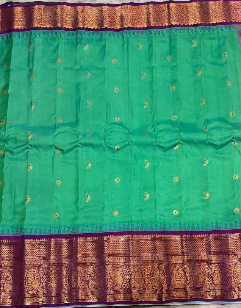Pure Gadwal Silk Saree in Rama Green and Lavender with Pure Zari Border - pochampallysarees.com