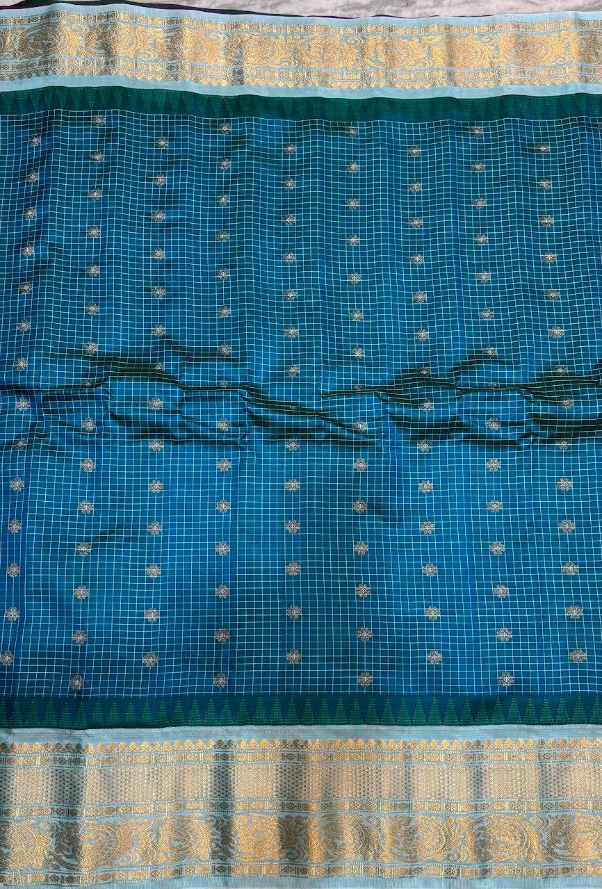 Gadwal Silk Sarees: Classic Royal Blue & Sea Green Checkered Handloom Classics - pochampallysarees.com