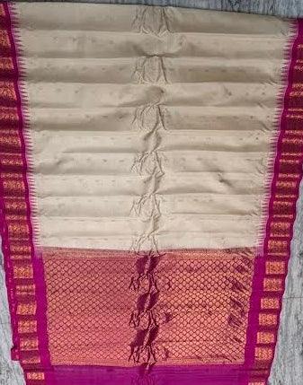 Cream Pure Gadwal Silk Saree with Contrast Pink Zari Border & Pallu - pochampallysarees.com