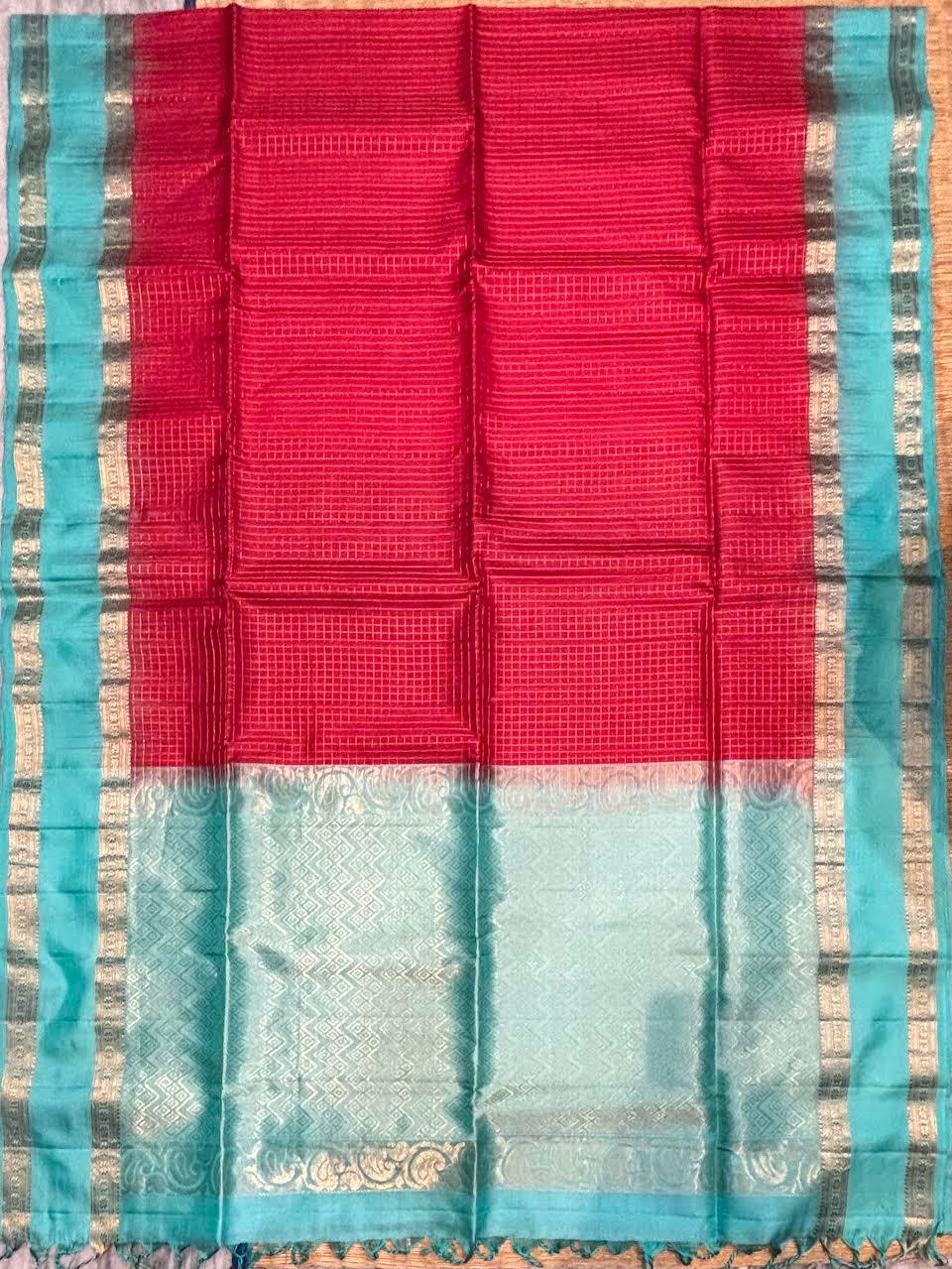 Red and Teal Blue Kanchi Soft Silk Checks Saree with Silver Zari Border