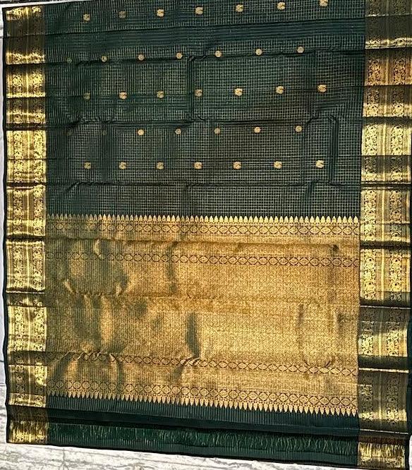 Dark Green Checkered Pure Kanchipuram Pattu Saree with Price Rich Gold Zari | Bridal Silk - pochampallysarees.com