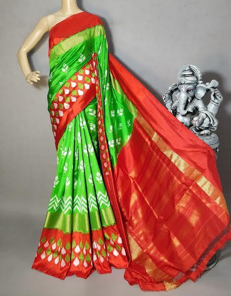 Ikat Silk Saree Green Red - pochampallysarees.com