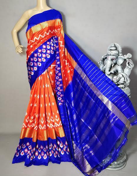 Ikat Silk Saree Orange Blue - pochampallysarees.com