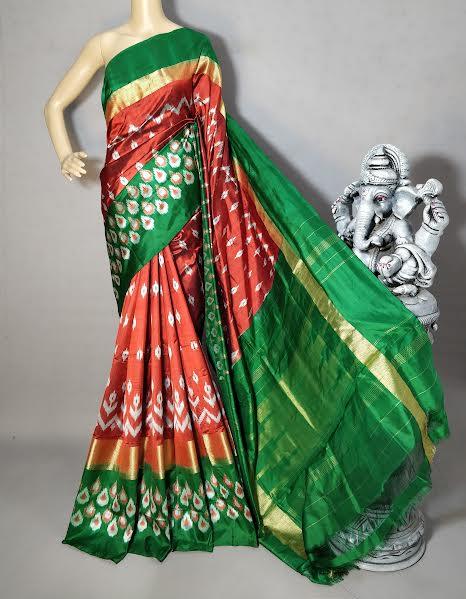 Ikat Silk Saree Red Green - pochampallysarees.com