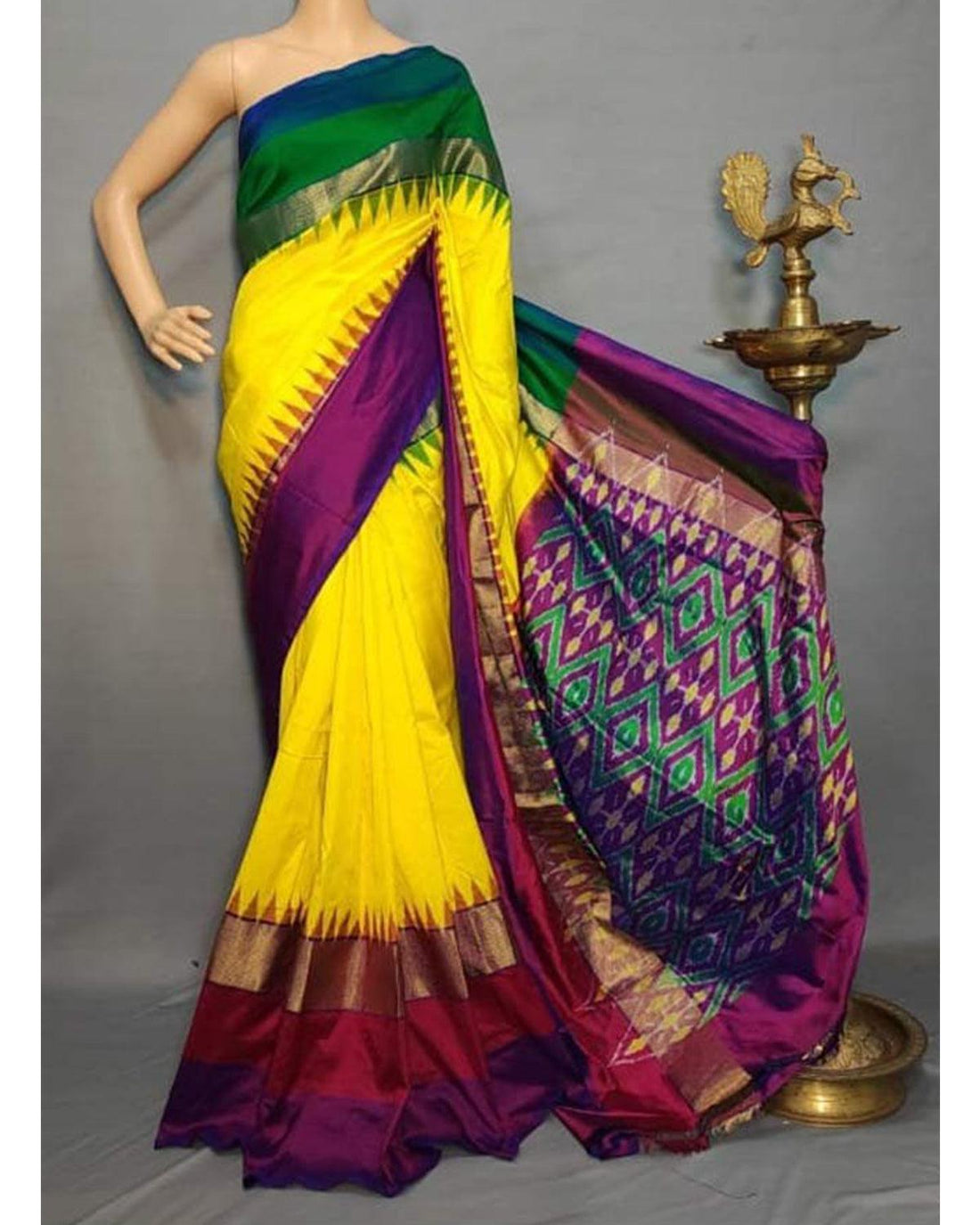 IKAT YELLOW WITH PURPLE COLOR SAREE - pochampallysarees.com