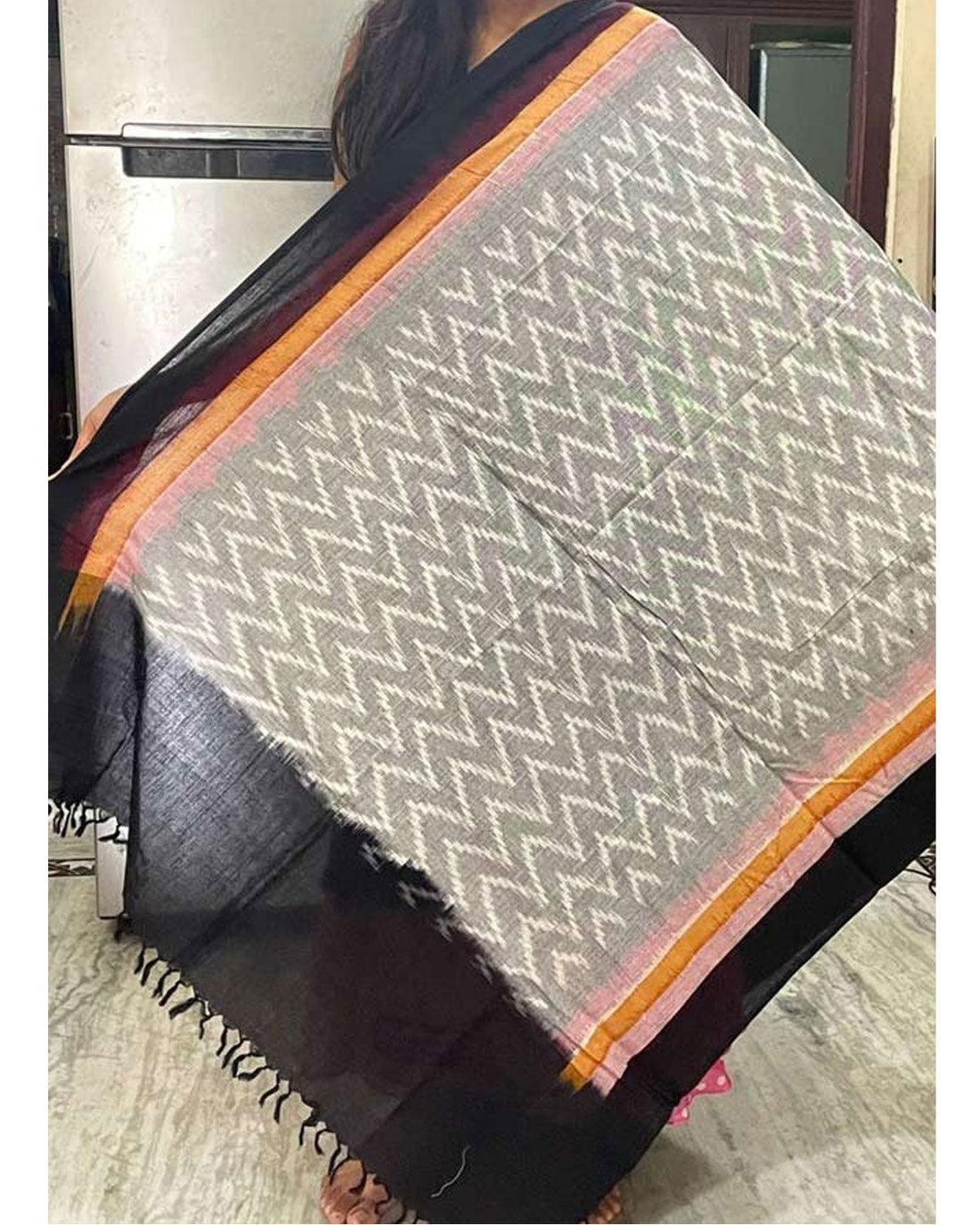 IKKAT COTTON BLACK AND WHITE COLOR DUPATTA-C9 - pochampallysarees.com