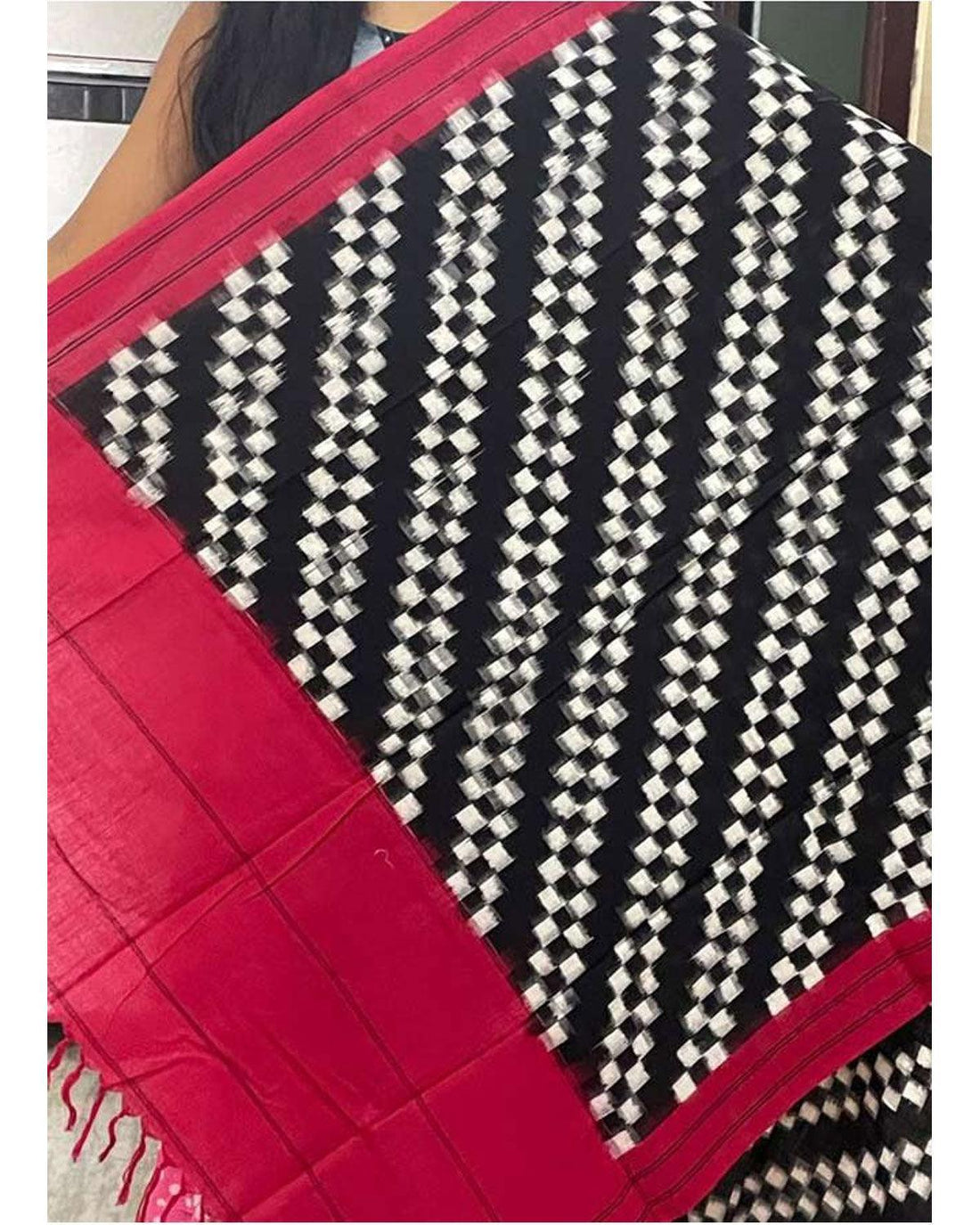 IKKAT COTTON BLACK WITH RED COLOR DUPATTA-C8 - pochampallysarees.com