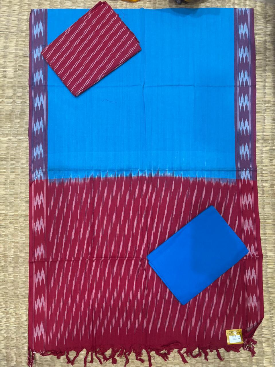 Ikkat Dress Material Ananda Blue Red - pochampallysarees.com