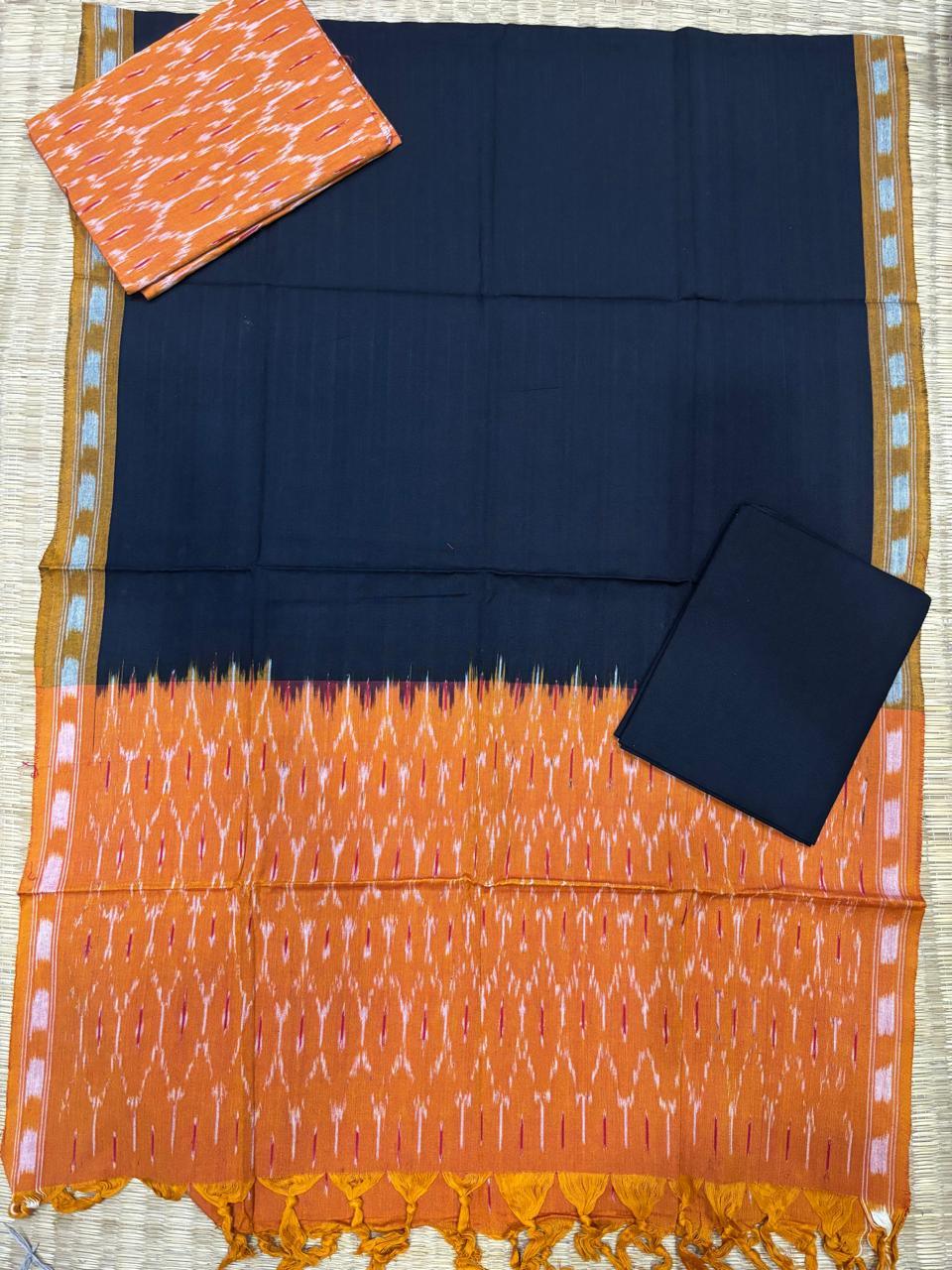 Ikkat Dress Material Black Orange - pochampallysarees.com