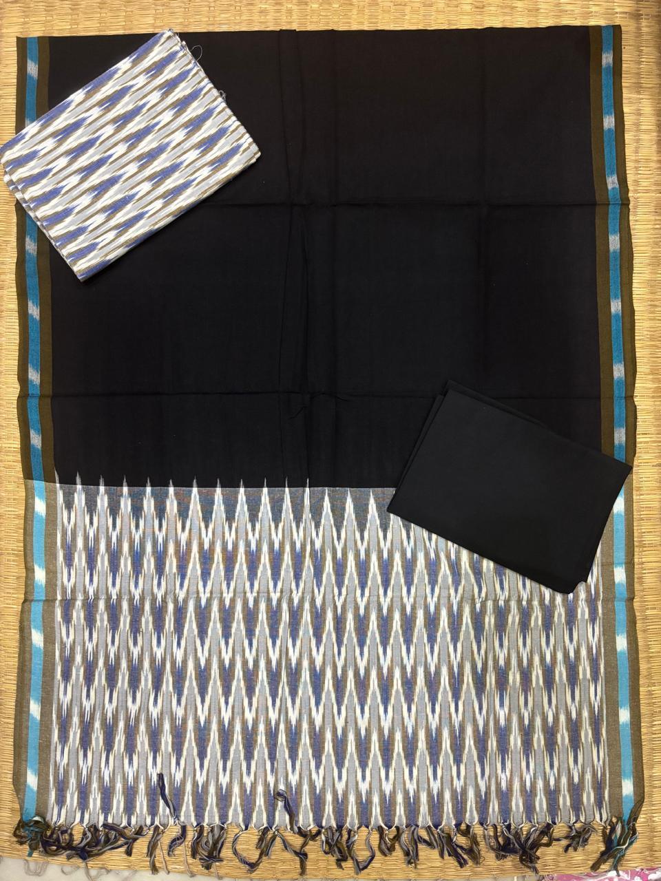 Ikkat Dress Material Black White - pochampallysarees.com