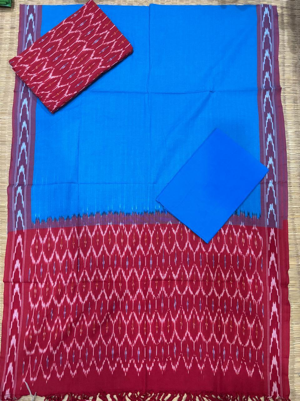 Ikkat Dress Material Blue Red - pochampallysarees.com