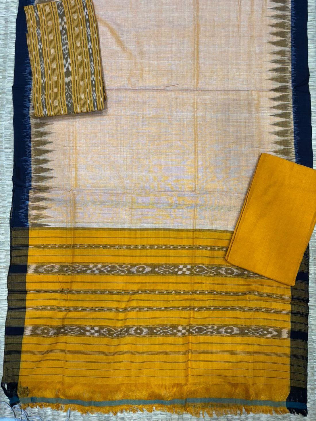 Ikkat Dress Material Cream Yellow - pochampallysarees.com