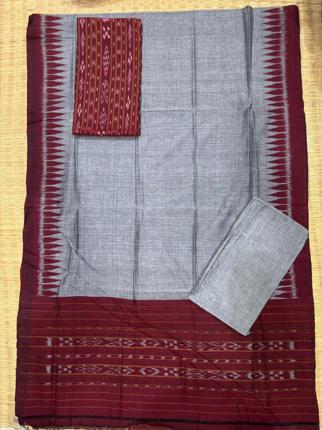 Ikkat Dress Material Gray Maroon - pochampallysarees.com