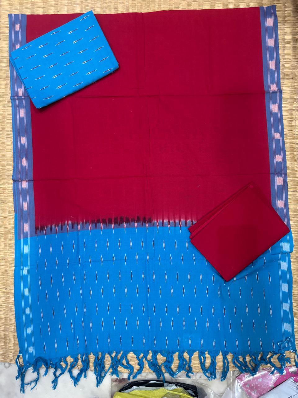 Ikkat Dress Material Red Blue - pochampallysarees.com