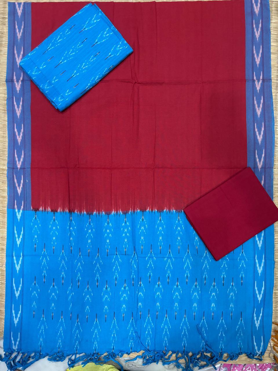 Ikkat Dress Material Red Blue - pochampallysarees.com