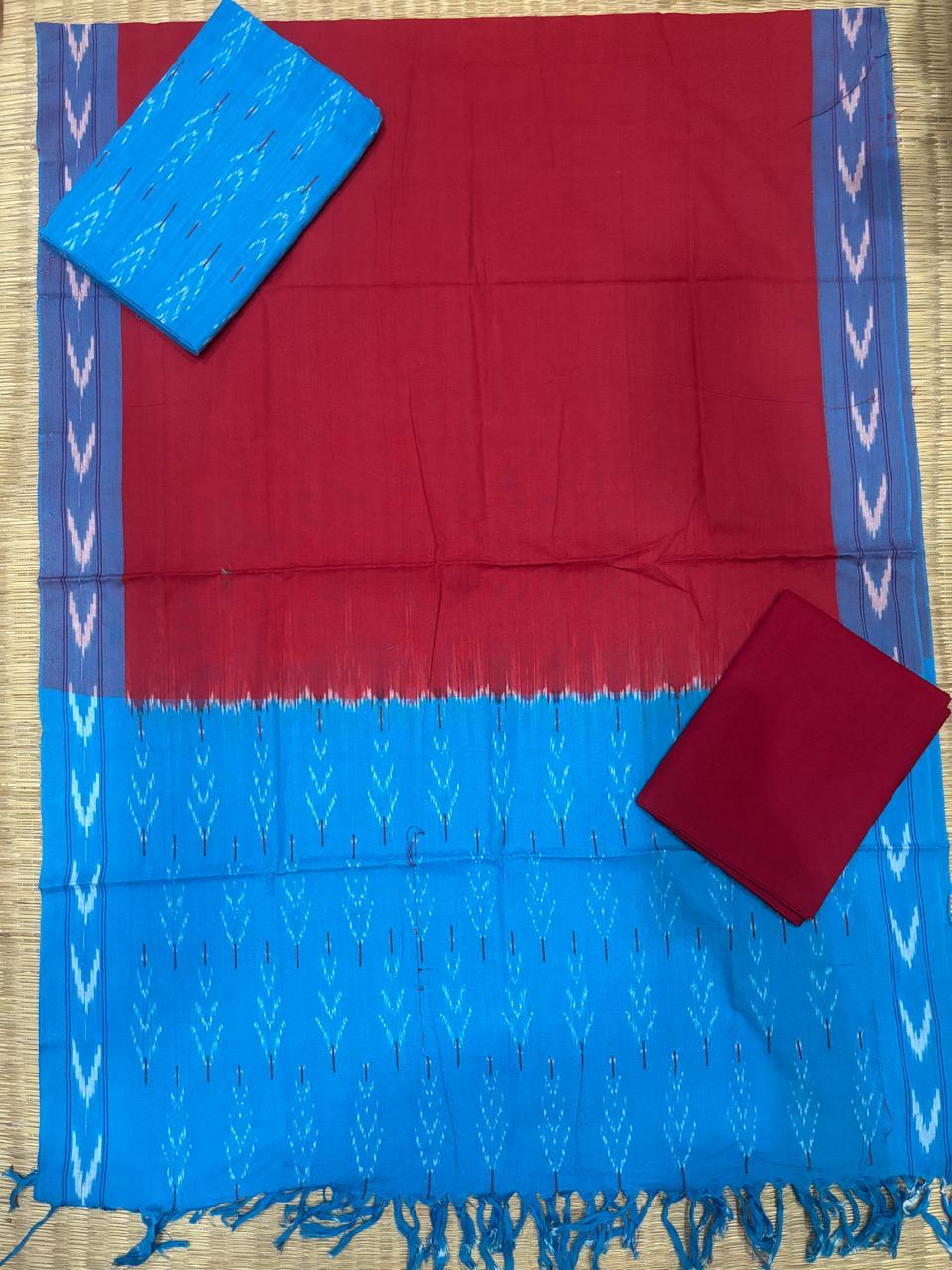 Ikkat Dress Material Red Blue - pochampallysarees.com