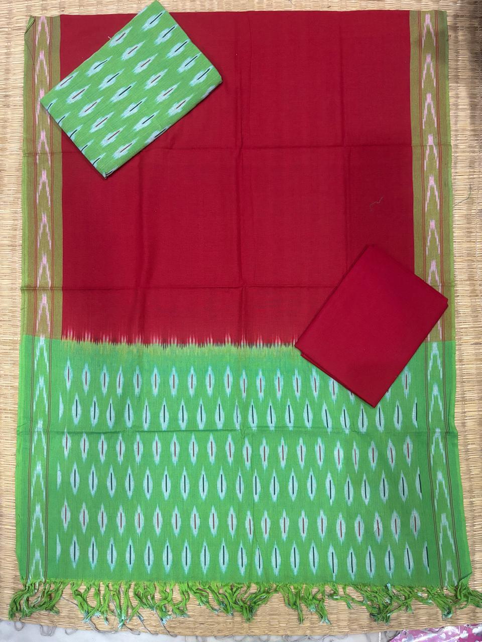 Ikkat Dress Material Red Green - pochampallysarees.com