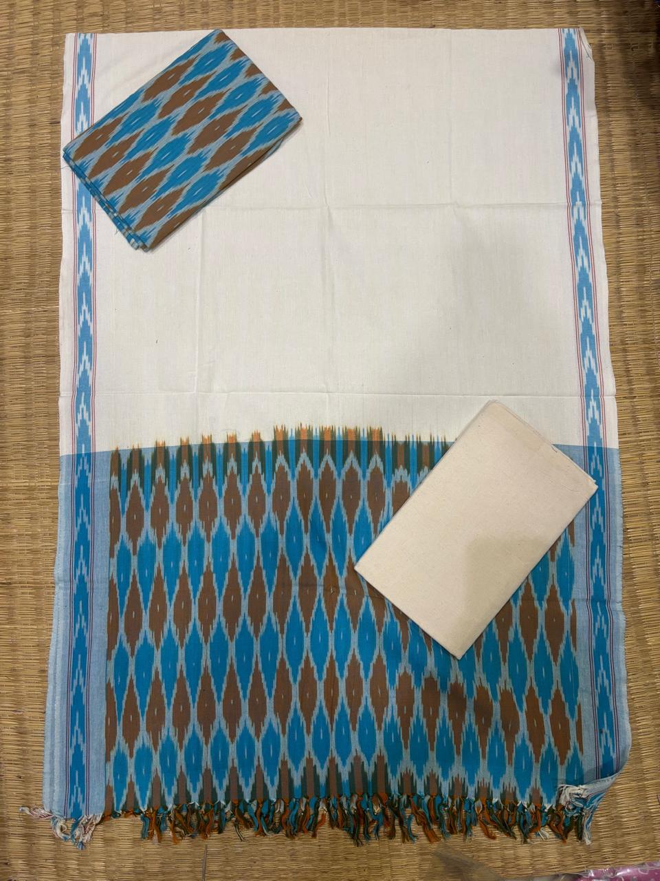 Ikkat Dress Material White Ananda Blue - pochampallysarees.com