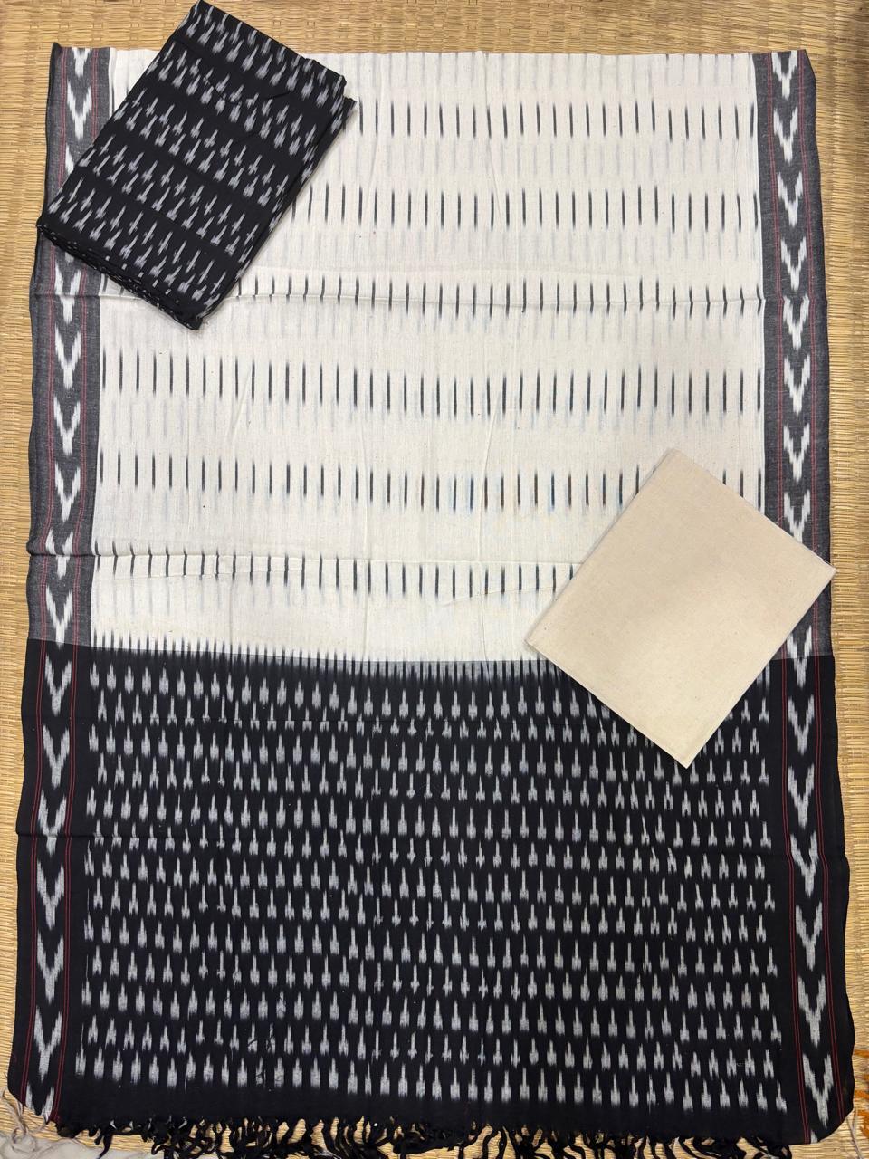Ikkat Dress Material White Black - pochampallysarees.com