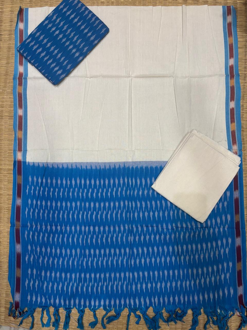 Ikkat Dress Material White Blue - pochampallysarees.com
