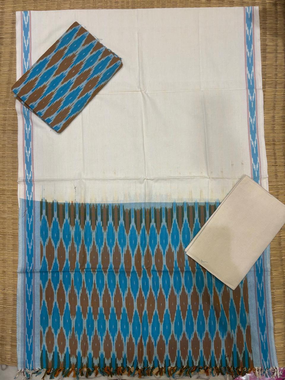 Ikkat Dress Material White Blue - pochampallysarees.com