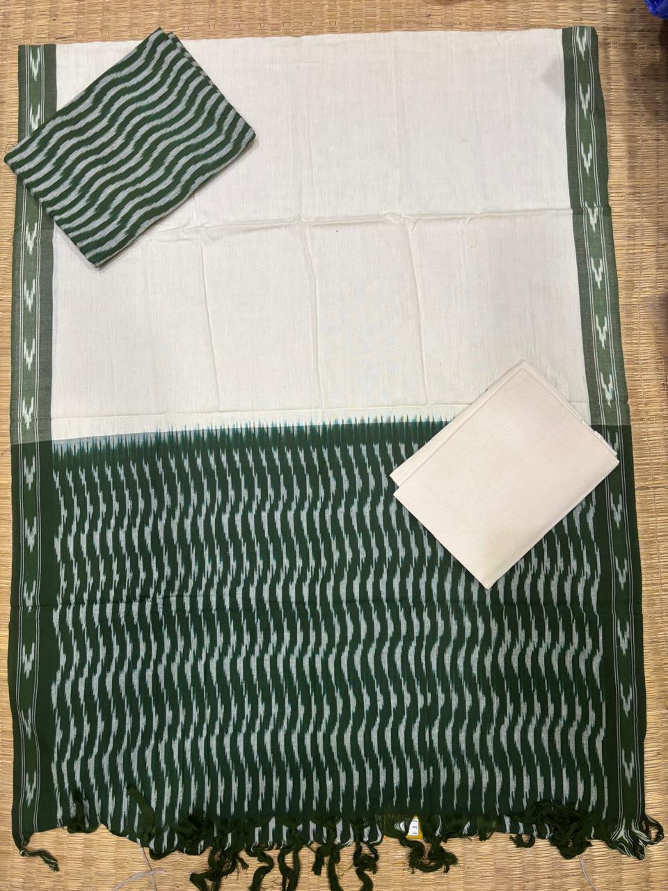 Ikkat Dress Material White Green - pochampallysarees.com