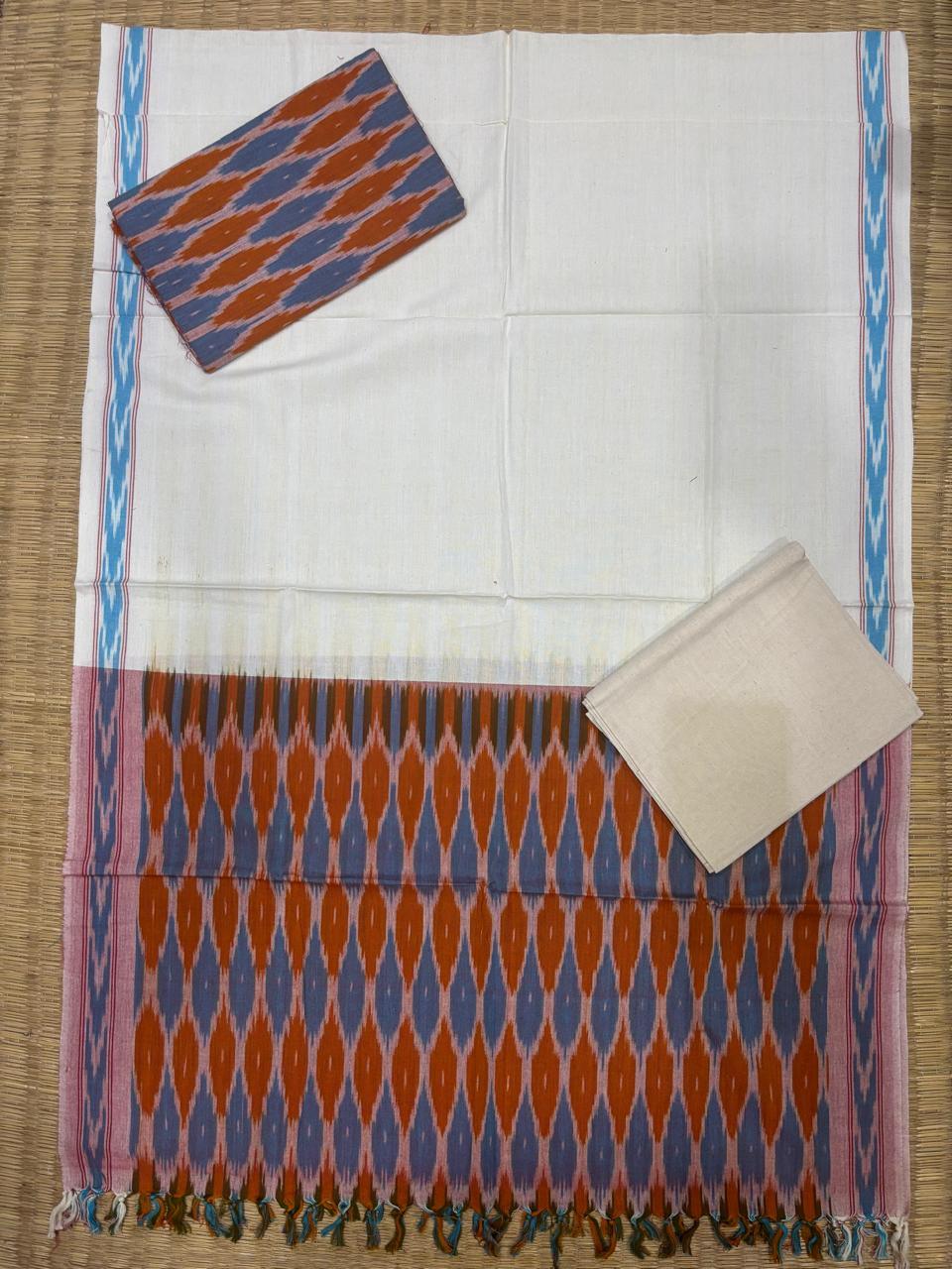 Ikkat Dress Material White Multi Color - pochampallysarees.com