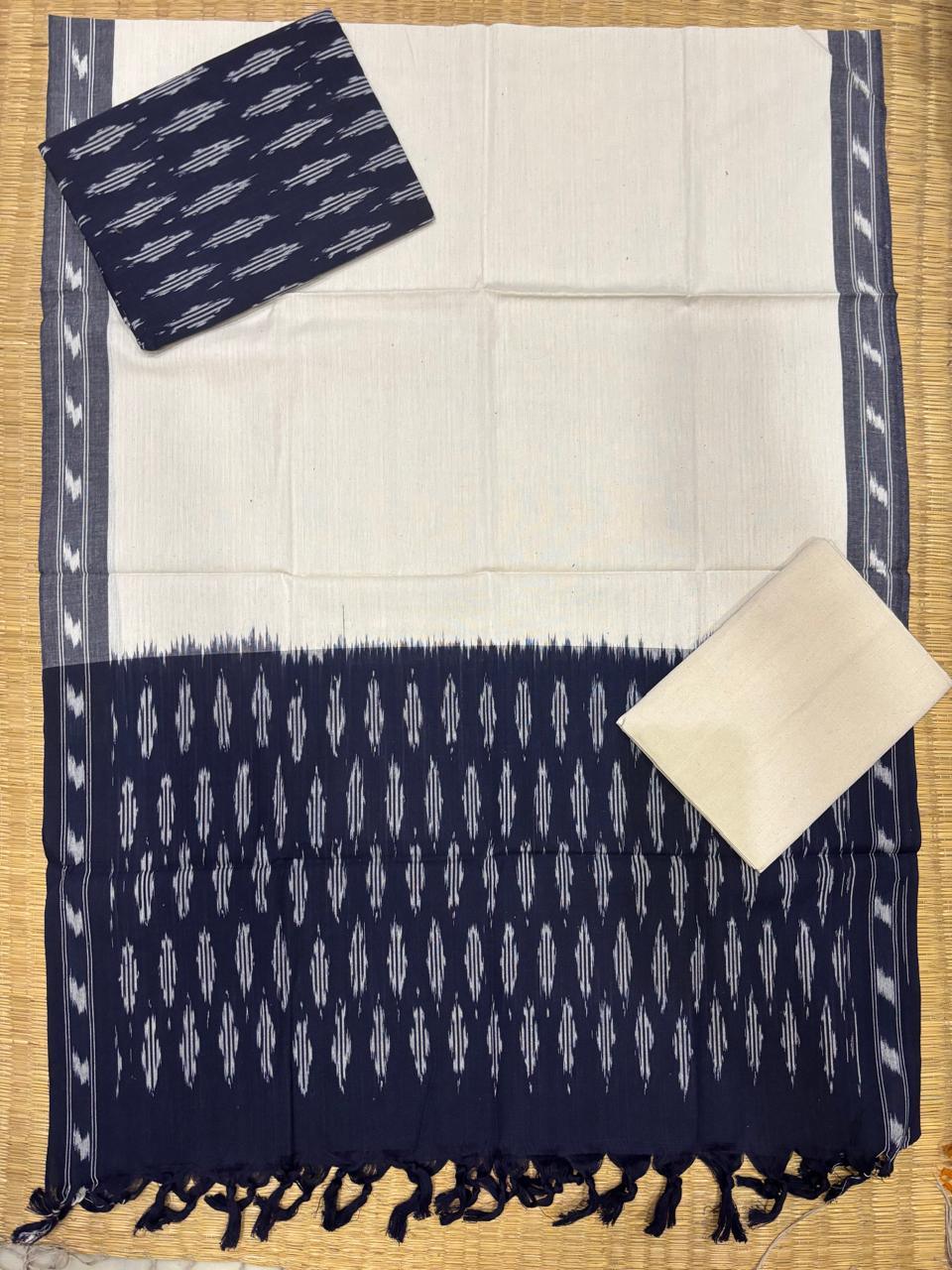 Ikkat Dress Material White Navy Blue - pochampallysarees.com