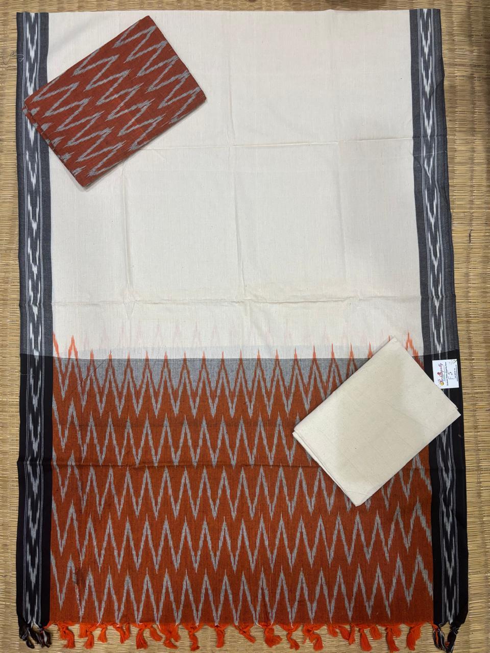 Ikkat Dress Material White Orange - pochampallysarees.com