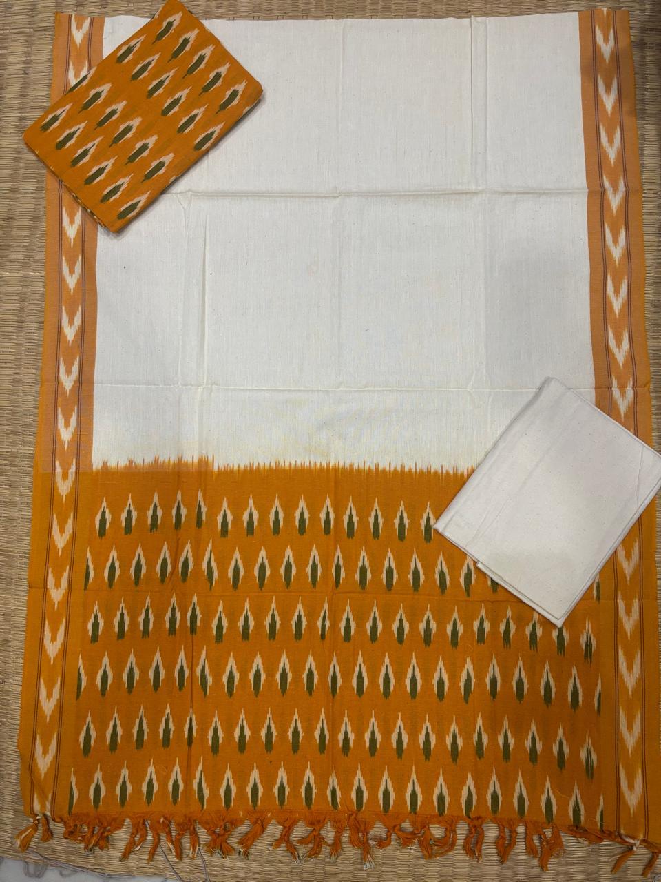 Ikkat Dress Material White Yellow - pochampallysarees.com