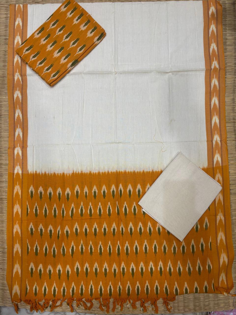 Ikkat Dress Material White Yellow - pochampallysarees.com