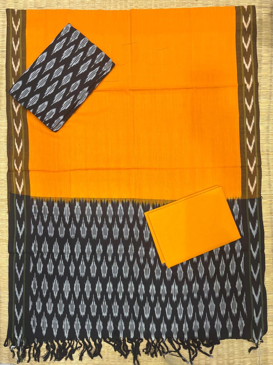 Ikkat Dress Material Yellow Black - pochampallysarees.com