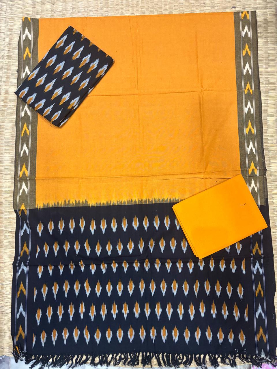 Ikkat Dress Material Yellow Black - pochampallysarees.com