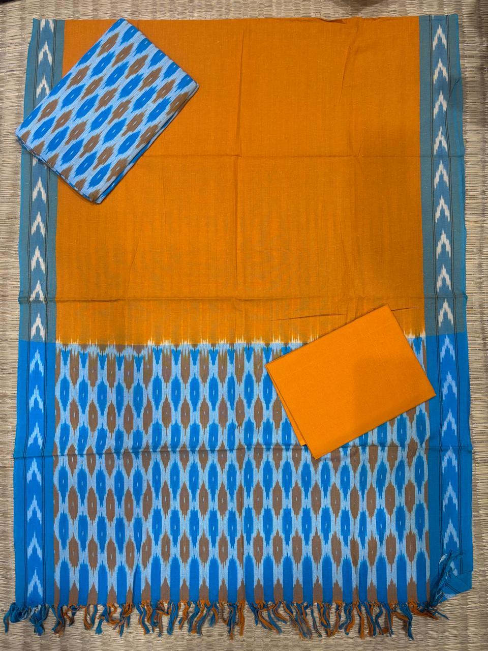 Ikkat Dress Material Yellow Blue - pochampallysarees.com
