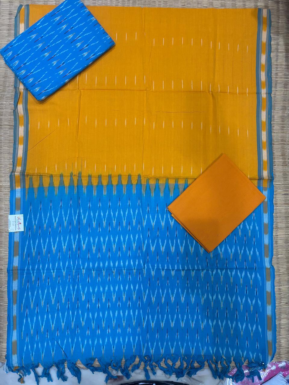Ikkat Dress Material Yellow Blue - pochampallysarees.com