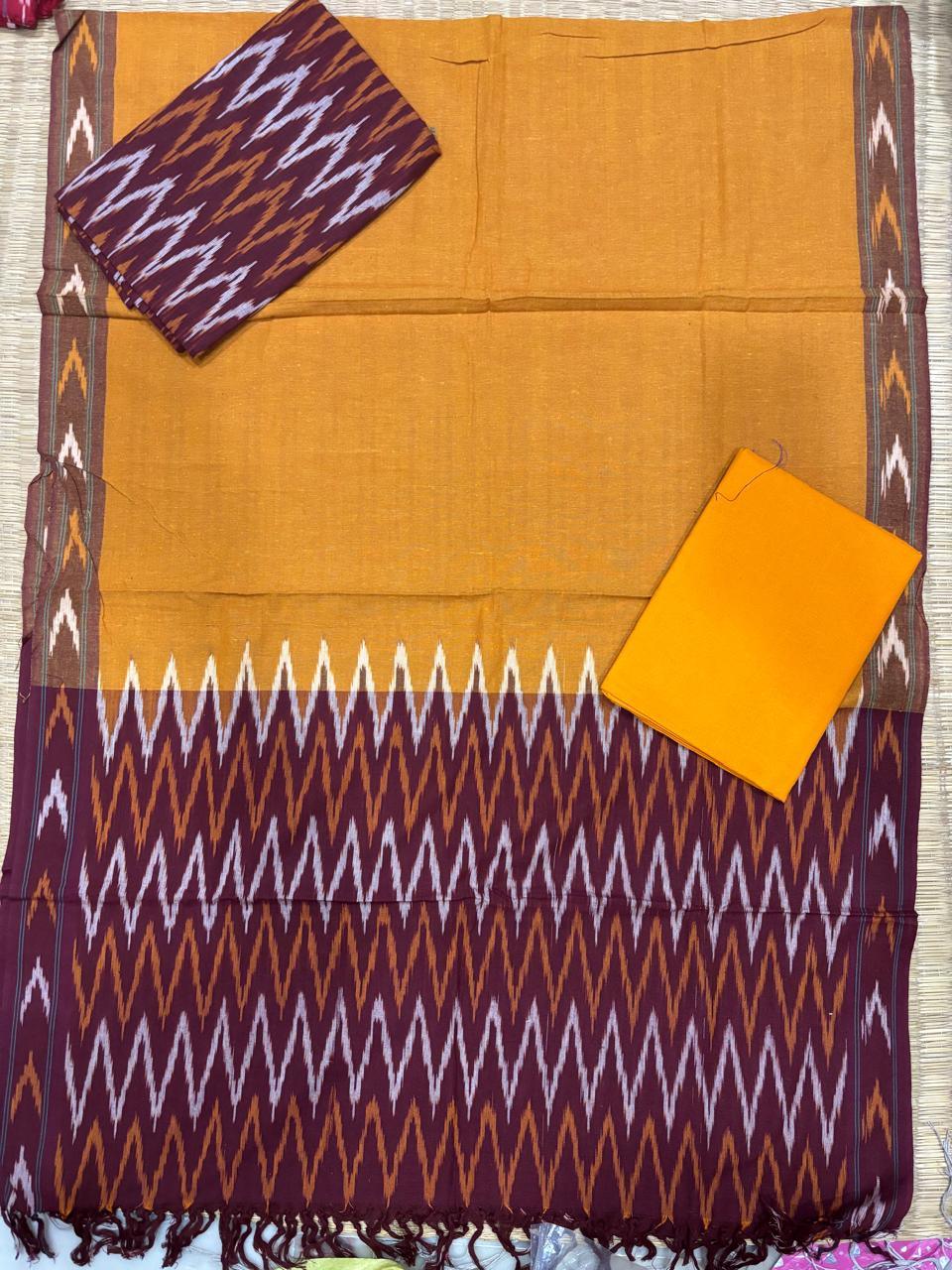 Ikkat Dress Material Yellow Maroon - pochampallysarees.com