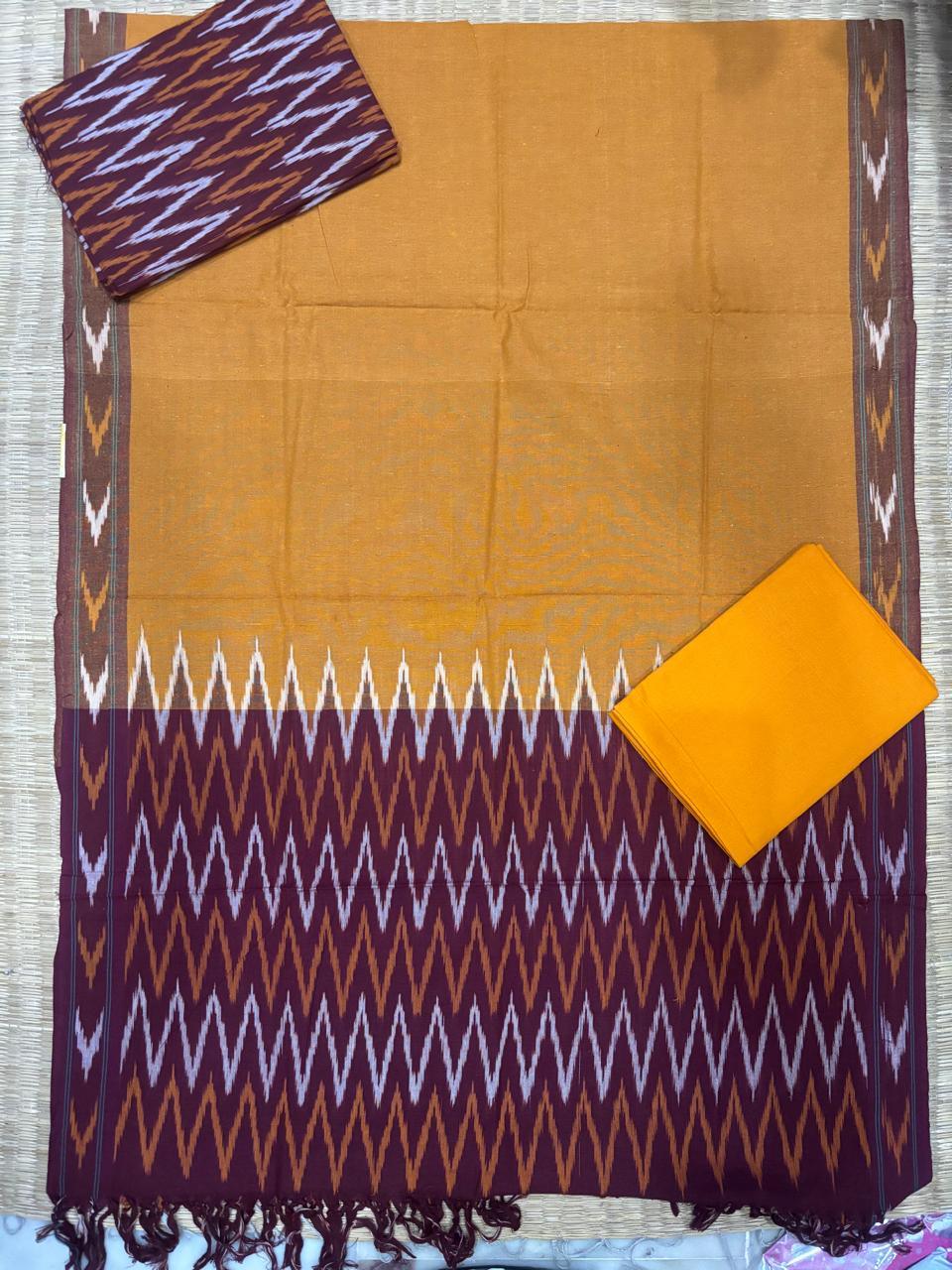 Ikkat Dress Material Yellow Maroon - pochampallysarees.com