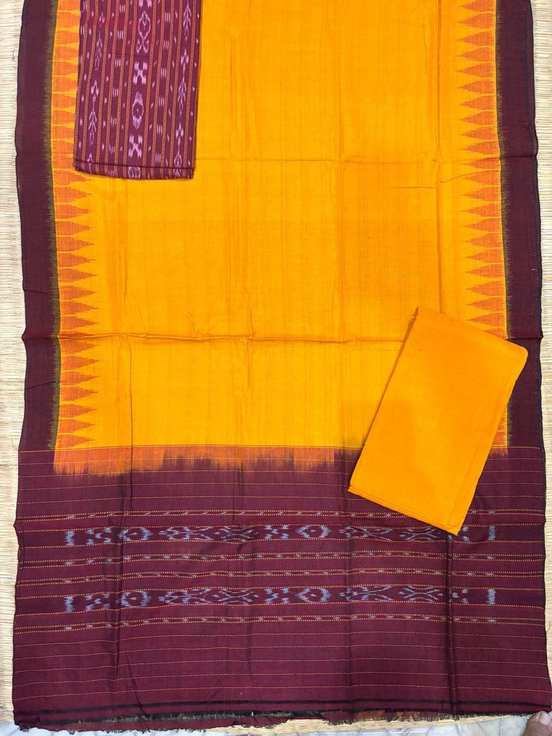 Ikkat Dress Material Yellow Maroon - pochampallysarees.com