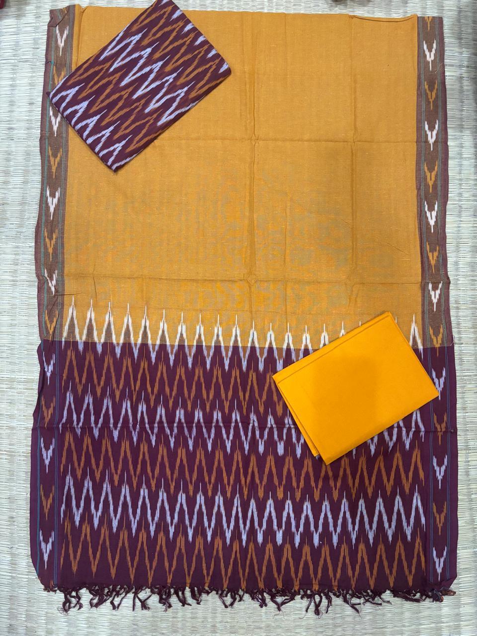 Ikkat Dress Material Yellow Maroon - pochampallysarees.com